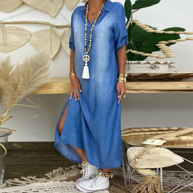 Lea | Lang kjole i jeanslook med sidesplit