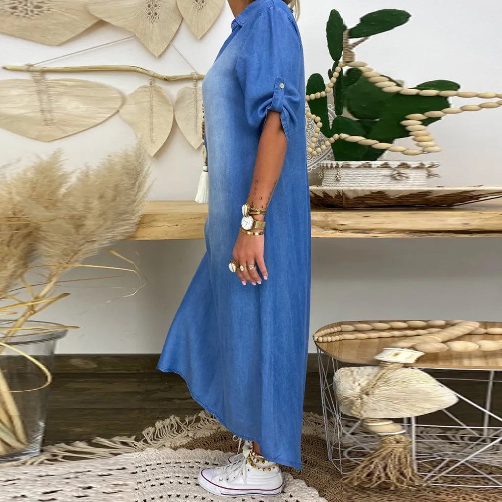 Lea | Lang kjole i jeanslook med sidesplit