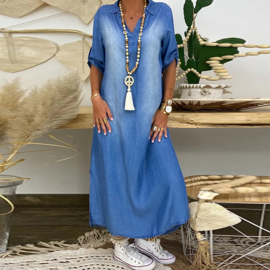Lea | Lang kjole i jeanslook med sidesplit