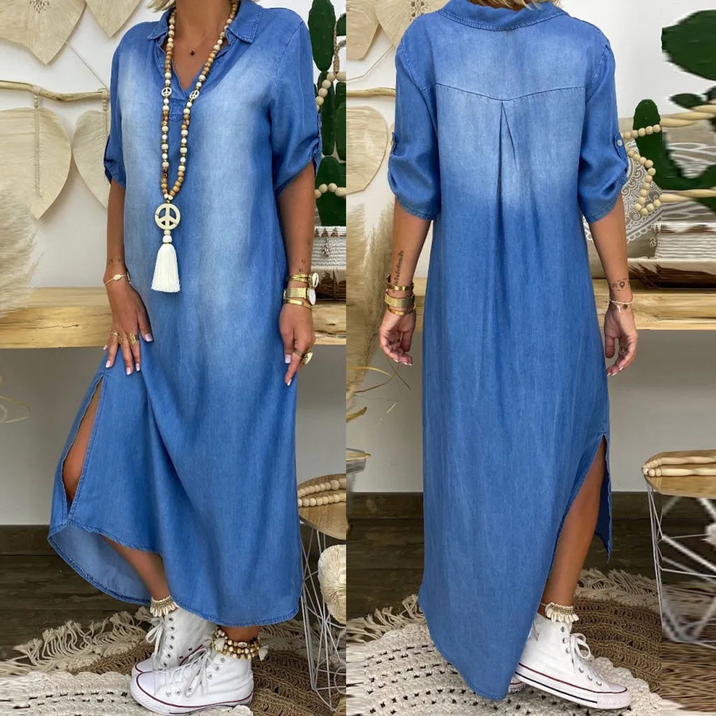 Lea | Lang kjole i jeanslook med sidesplit