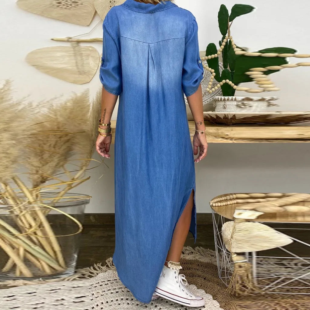 Lea | Lang kjole i jeanslook med sidesplit