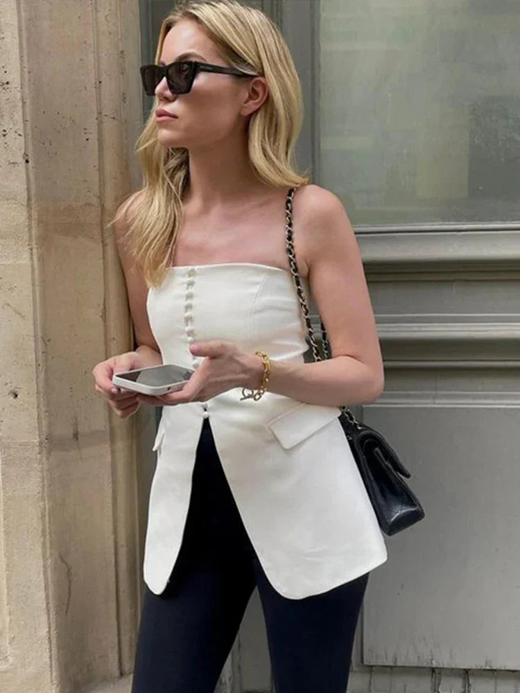 Claudia™ l Elegant stropløs top med klaplommer