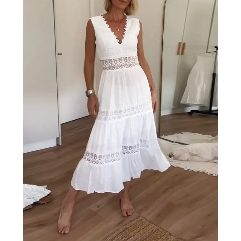 LIVA™ | Ærmeløs midi-kjole i boho-stil med blondedetaljer