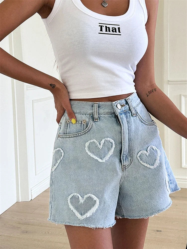 Sylvia | Denimshorts med hjerteprint